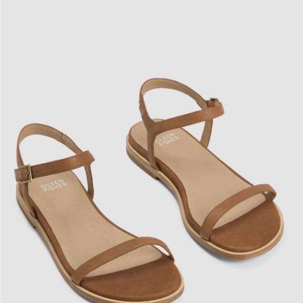 Eileen Fisher Tan Leather Ankle-Strap Flat Sandals